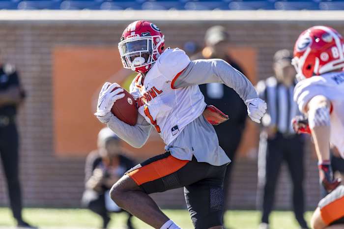 Jan 31, 2024; Mobile, AL, USA; American wide receiver Marcus Rosemy-Jacksaint of Georgia (1) runs the ball after a catch during practice for the American team at Hancock Whitney Stadium.